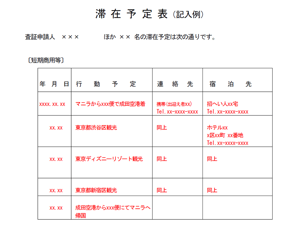 滞在予定表の記入例 クレイジーマニラ